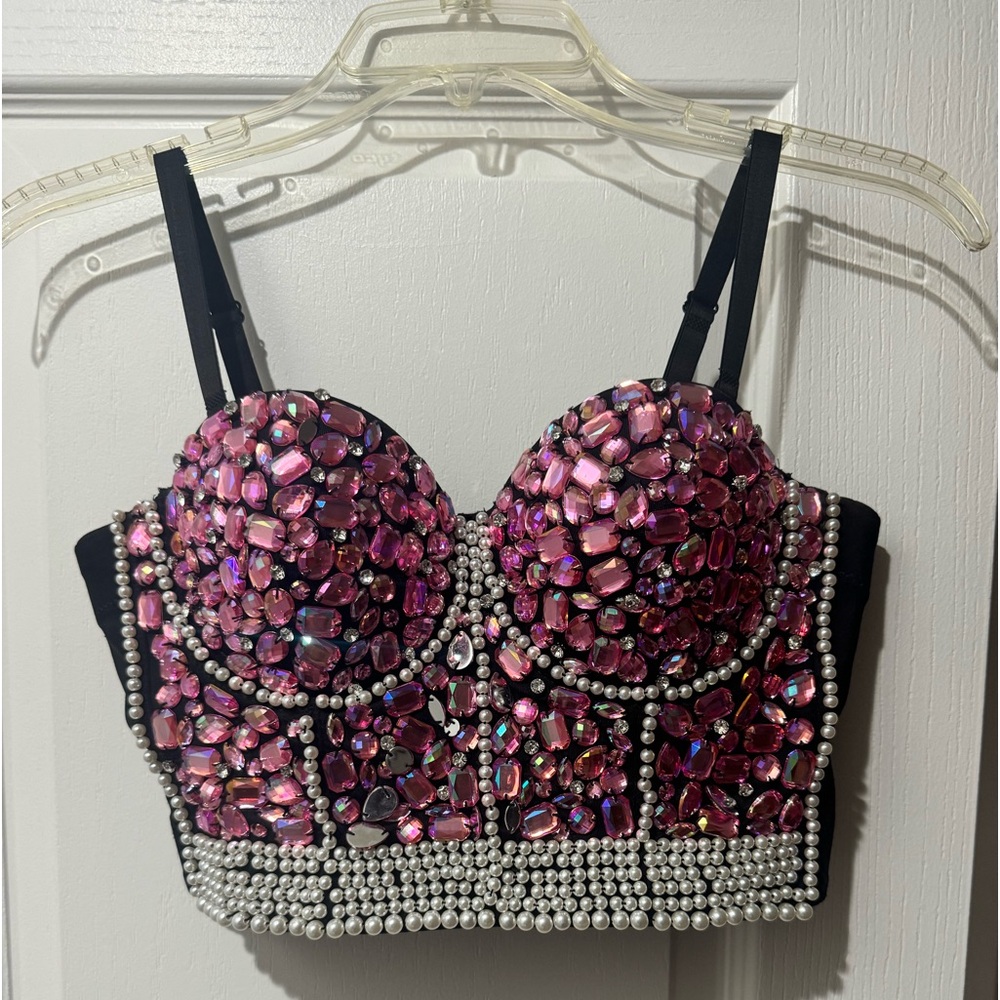 Jeweled & beaded Pink Corset Top size Medium in excellent used condition